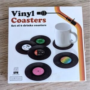 Retro Vinyl Record Coasters Set of 6 Black‎ Multi Unisex OS Vintage Style 45 RPM